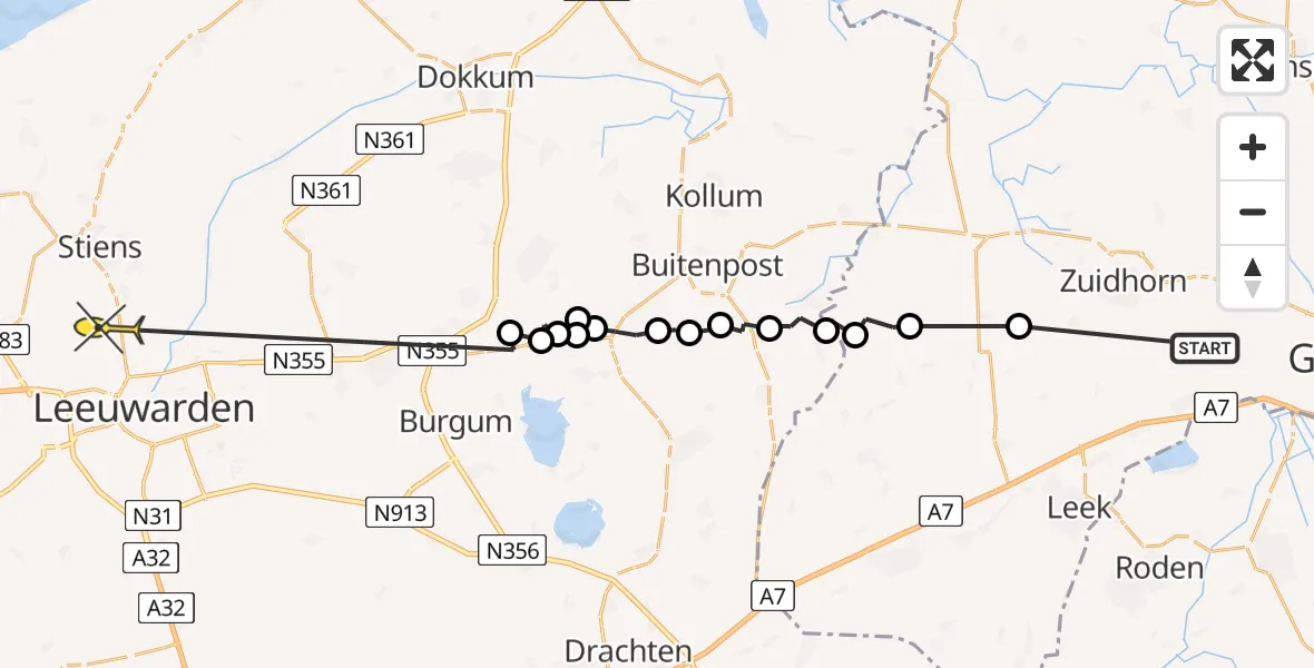 Routekaart van de vlucht: Ambulancehelikopter naar Vliegbasis Leeuwarden