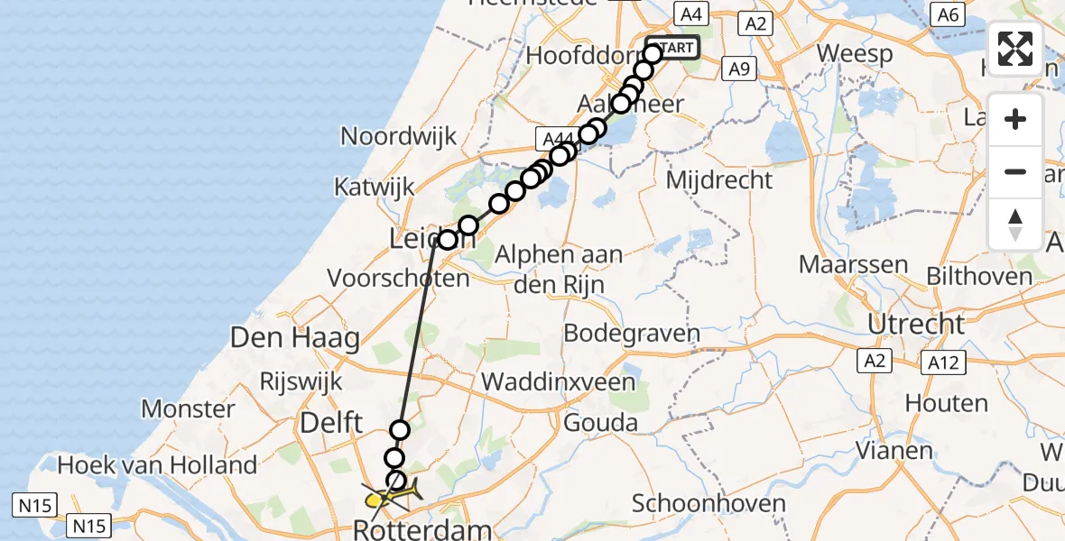 Routekaart van de vlucht: Politieheli naar Rotterdam The Hague Airport