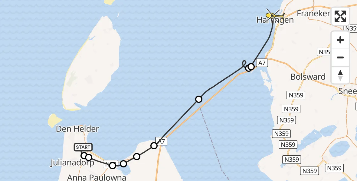 Routekaart van de vlucht: Kustwachthelikopter naar Harlingen