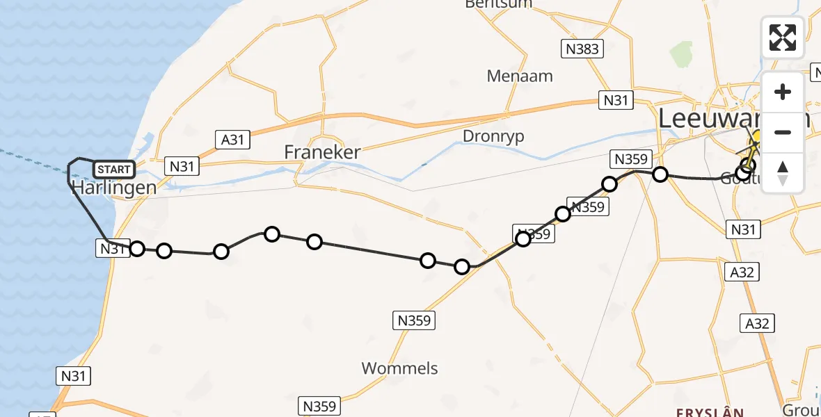 Routekaart van de vlucht: Kustwachthelikopter naar Leeuwarden