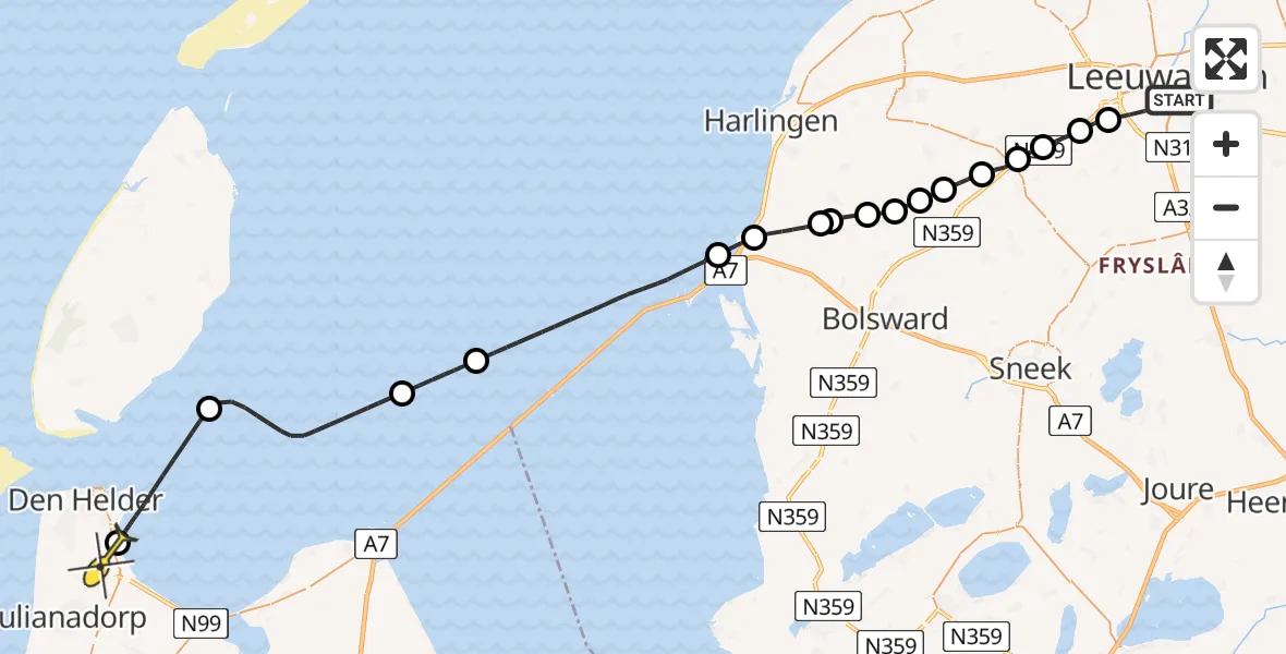 Vluchtroute  van Leeuwarden naar Vliegveld De Kooy