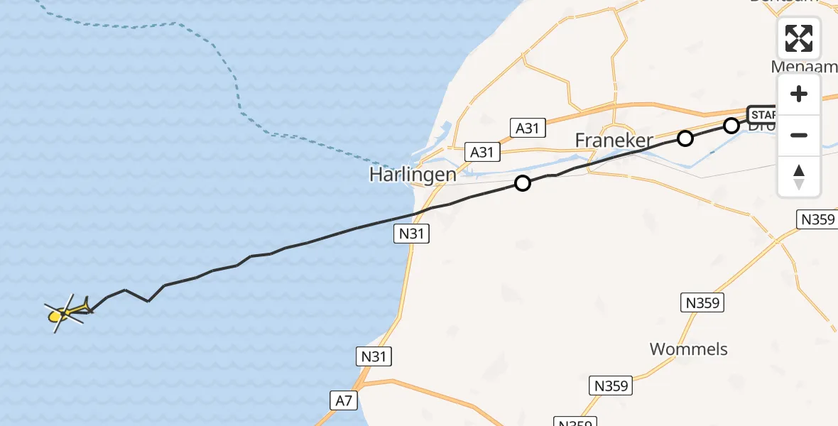 Routekaart van de vlucht: Ambulanceheli naar Harlingen