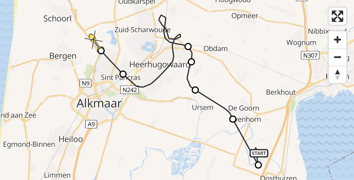 Routekaart van de vlucht: Politieheli naar Koedijk