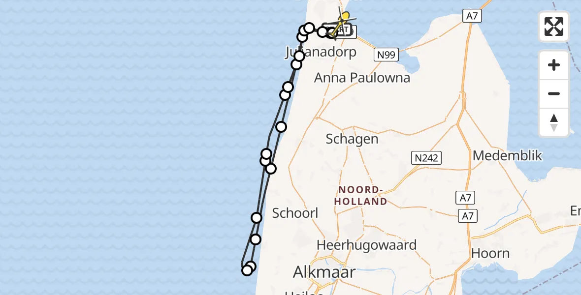 Routekaart van de vlucht: Kustwachthelikopter naar Vliegveld De Kooy