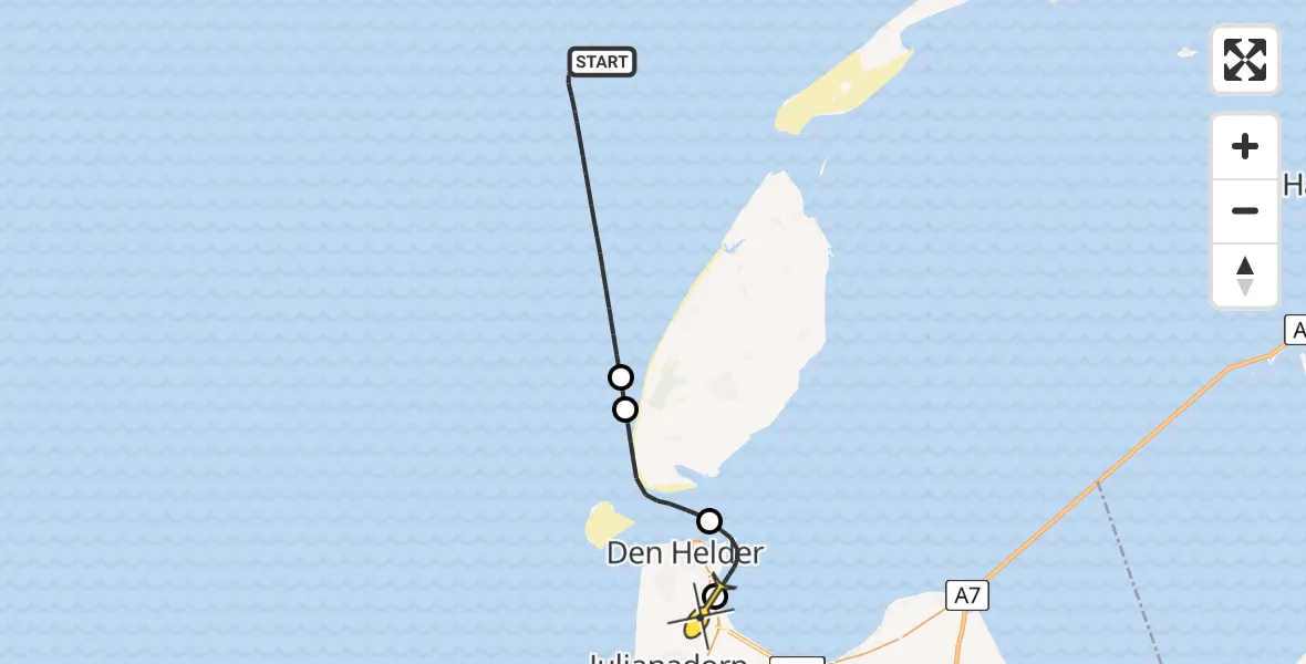 Routekaart van de vlucht: Kustwachthelikopter naar Vliegveld De Kooy