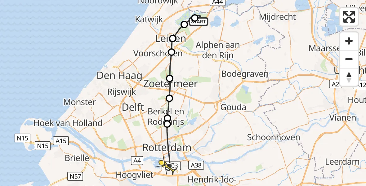 Routekaart van de vlucht: Politieheli naar Rotterdam