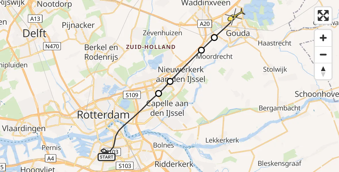 Routekaart van de vlucht: Politieheli naar Gouda