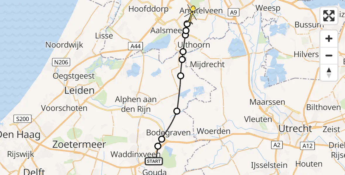 Routekaart van de vlucht: Politiehelikopter naar Aalsmeer