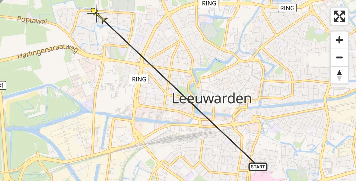 Routekaart van de vlucht: Ambulanceheli naar Leeuwarden