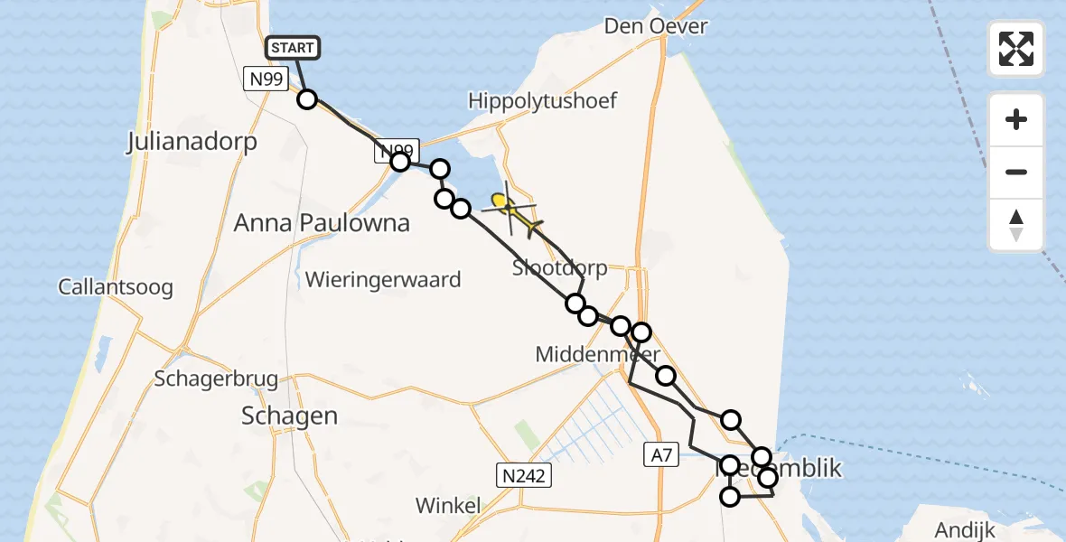 Routekaart van de vlucht: Kustwachthelikopter naar Slootdorp