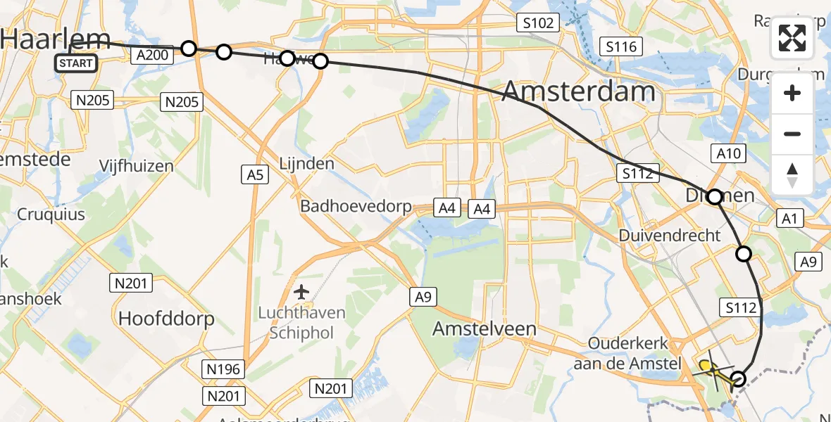 Routekaart van de vlucht: Lifeliner 1 naar Academisch Medisch Centrum (AMC)