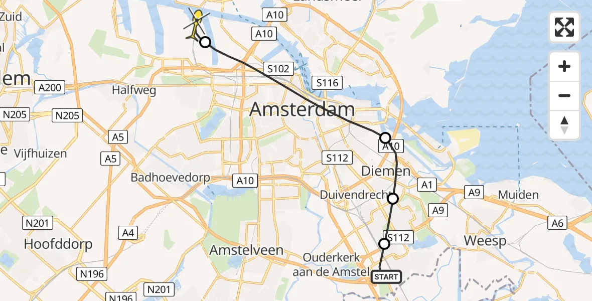 Routekaart van de vlucht: Lifeliner 1 naar Amsterdam Heliport