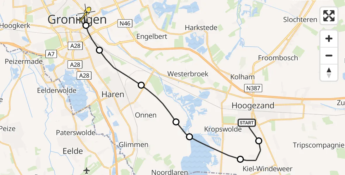 Routekaart van de vlucht: Lifeliner 4 naar Universitair Medisch Centrum Groningen