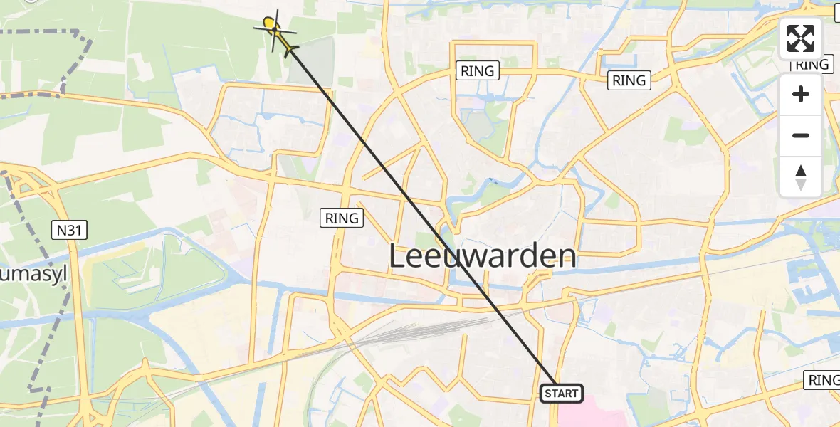 Vluchtroute Ambulancehelikopter van Leeuwarden naar Vliegbasis Leeuwarden