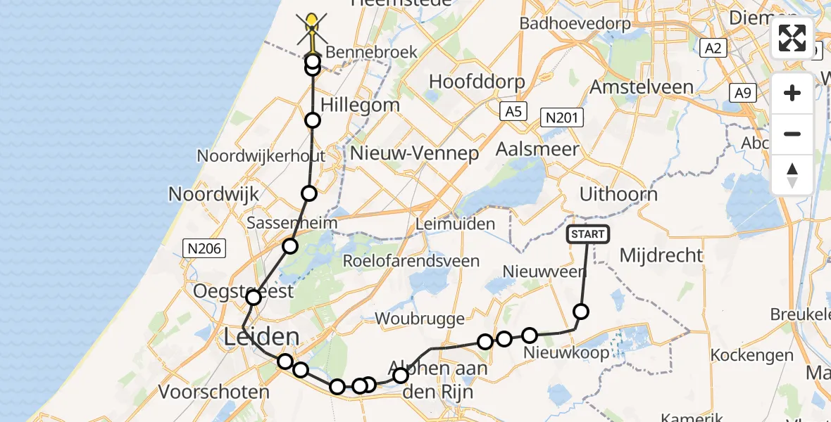 Routekaart van de vlucht: Politieheli naar Zandvoort