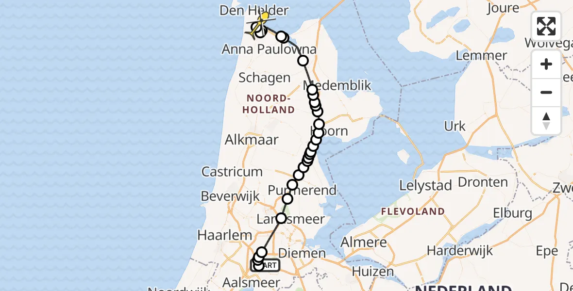 Routekaart van de vlucht: Politieheli naar Vliegveld De Kooy