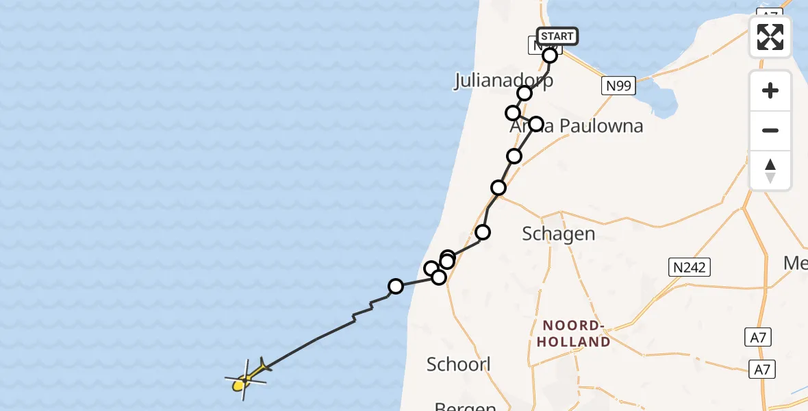 Routekaart van de vlucht: Kustwachthelikopter naar 