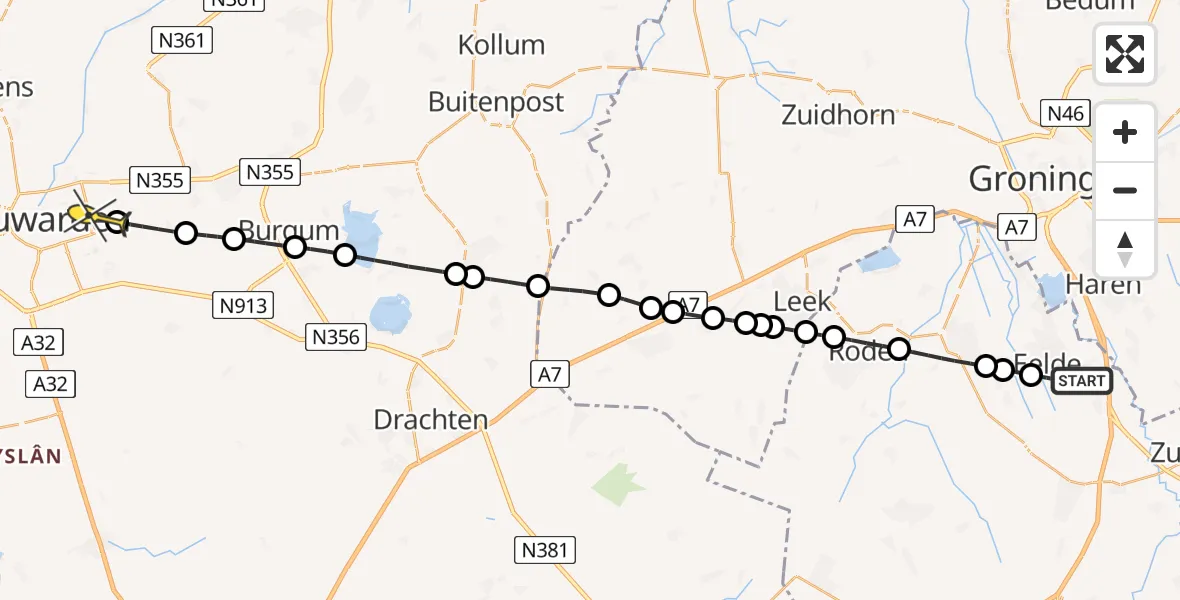 Routekaart van de vlucht: Lifeliner 4 naar Leeuwarden