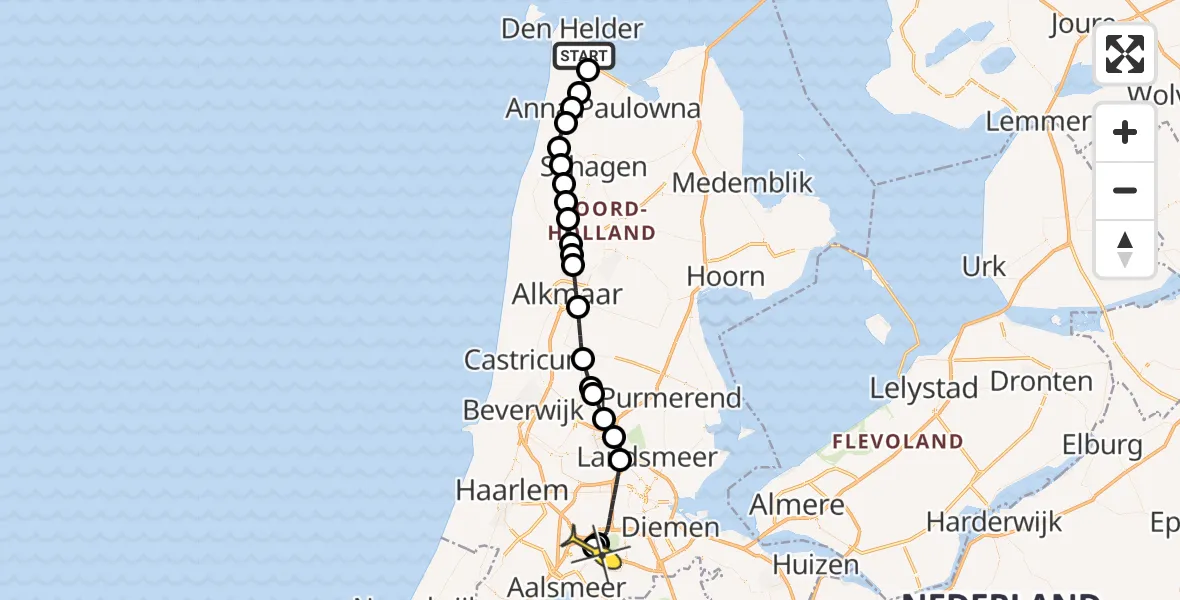 Routekaart van de vlucht: Politieheli naar Schiphol