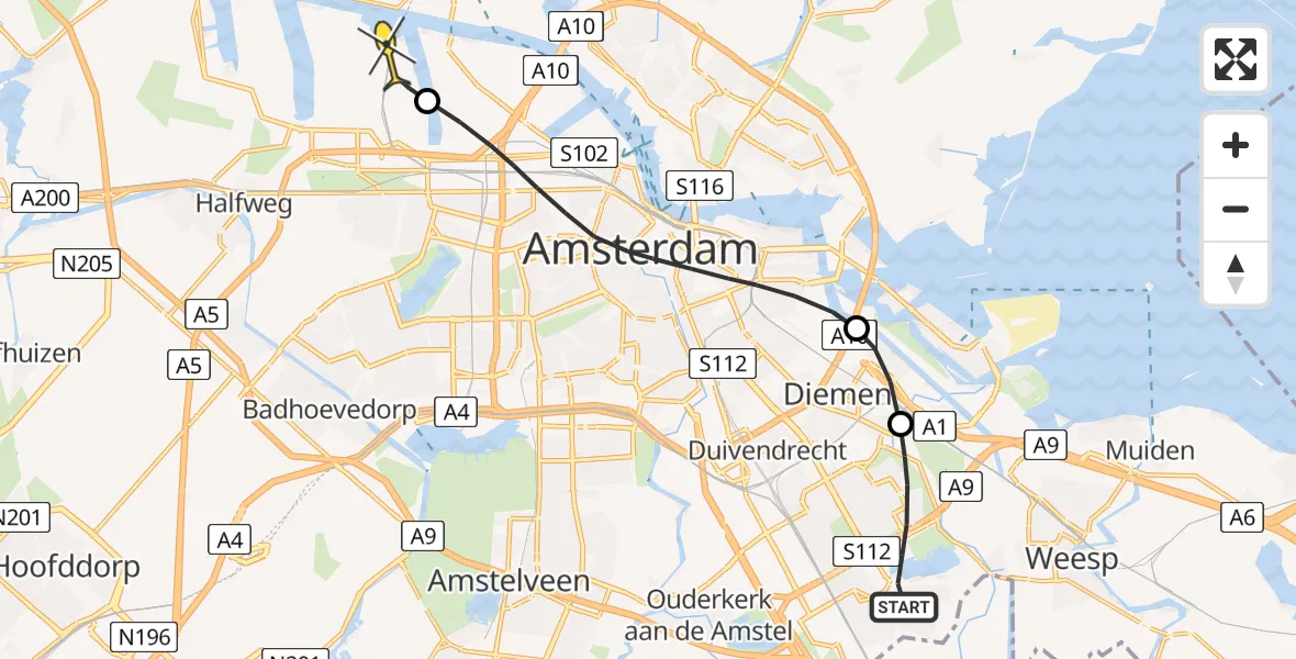 Routekaart van de vlucht: Lifeliner 1 naar Amsterdam Heliport