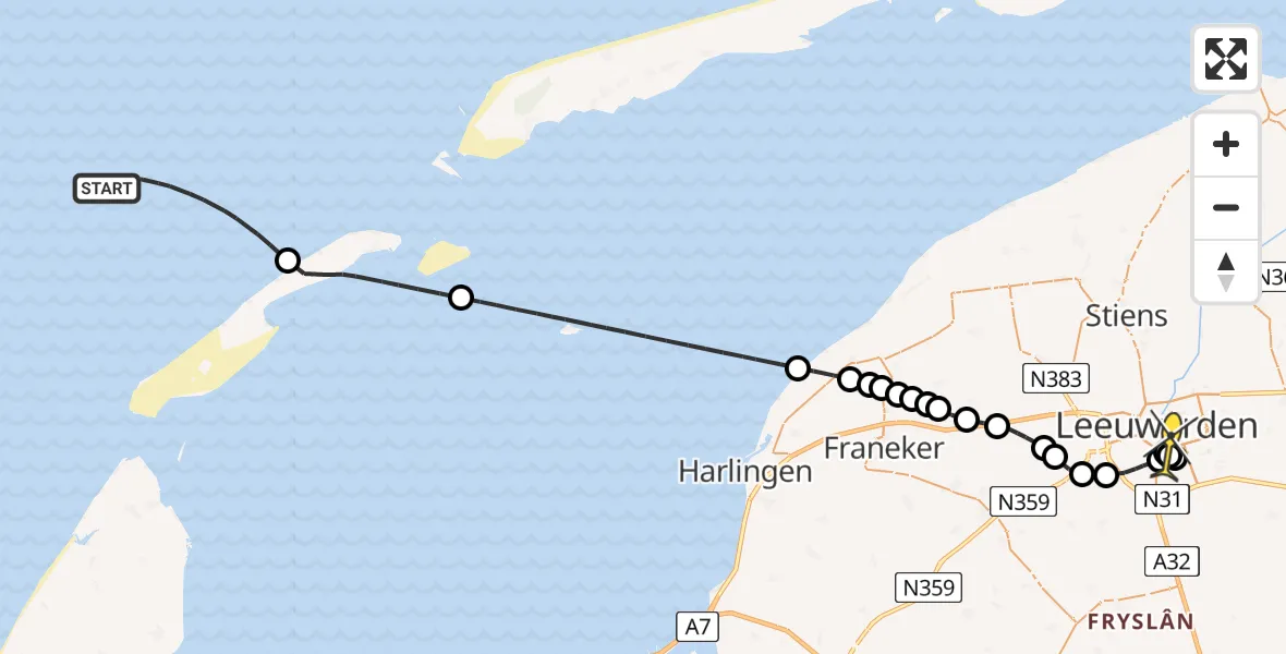 Routekaart van de vlucht: Kustwachthelikopter naar Leeuwarden