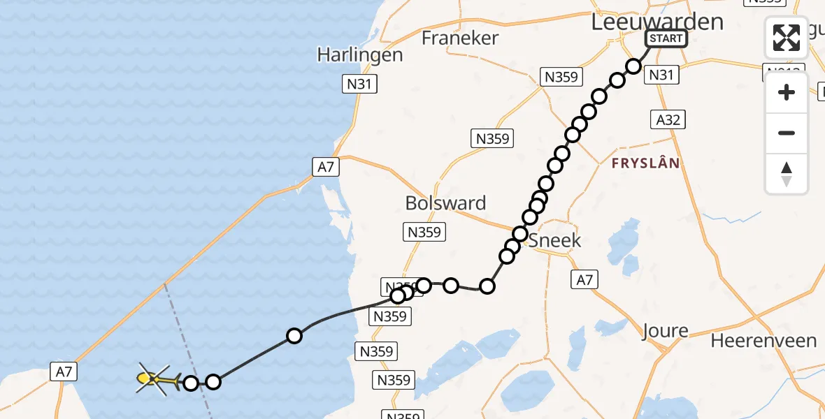 Routekaart van de vlucht: Kustwachthelikopter naar Wieringerwerf