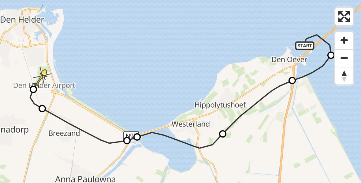 Routekaart van de vlucht: Kustwachthelikopter naar Vliegveld De Kooy