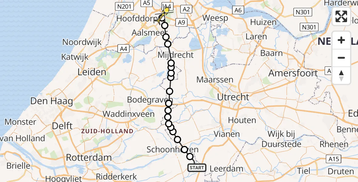 Routekaart van de vlucht: Politieheli naar Schiphol