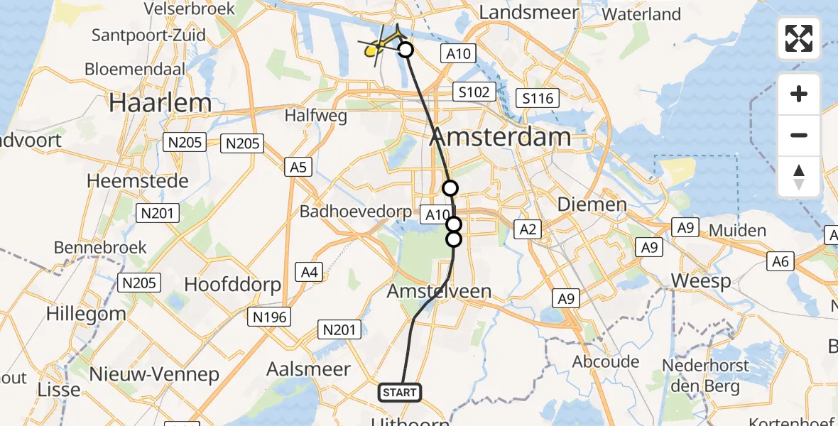 Routekaart van de vlucht: Lifeliner 1 naar Amsterdam Heliport