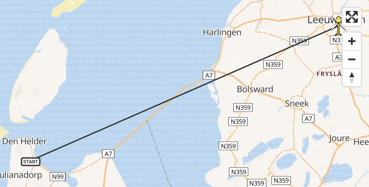 Routekaart van de vlucht: Kustwachthelikopter naar Leeuwarden