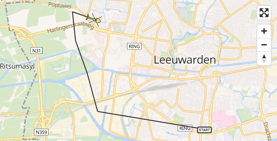 Vluchtroute Ambulancehelikopter van Leeuwarden naar Leeuwarden