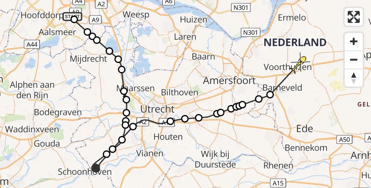 Vluchtroute Politiehelikopter van Schiphol naar Voorthuizen