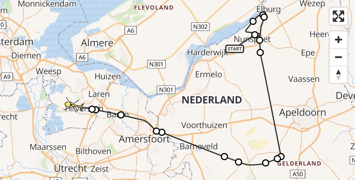 Routekaart van de vlucht: Politieheli naar 's-Graveland