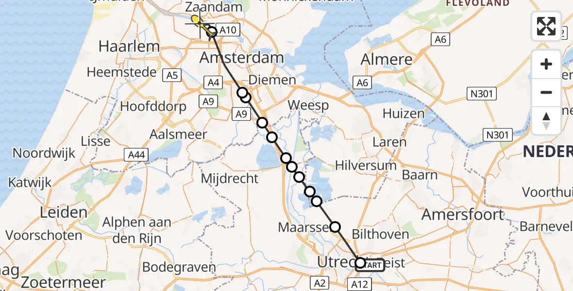 Routekaart van de vlucht: Lifeliner 1 naar Amsterdam Heliport