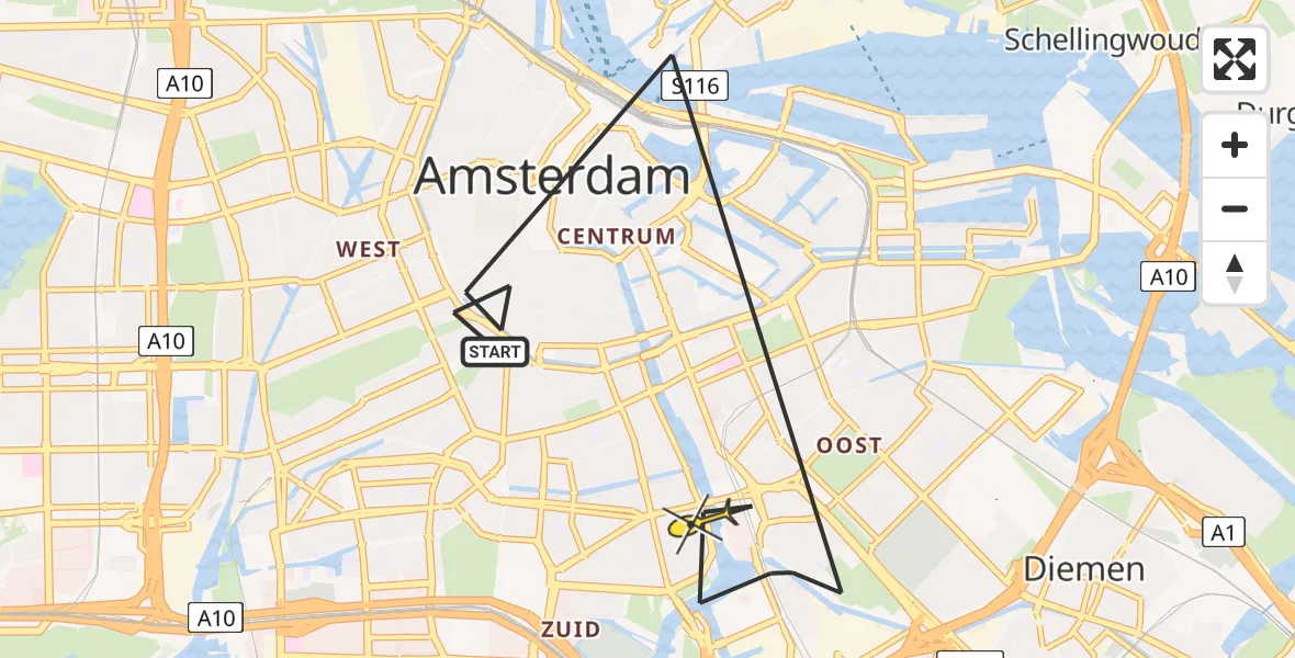 Routekaart van de vlucht: Politieheli naar Amsterdam