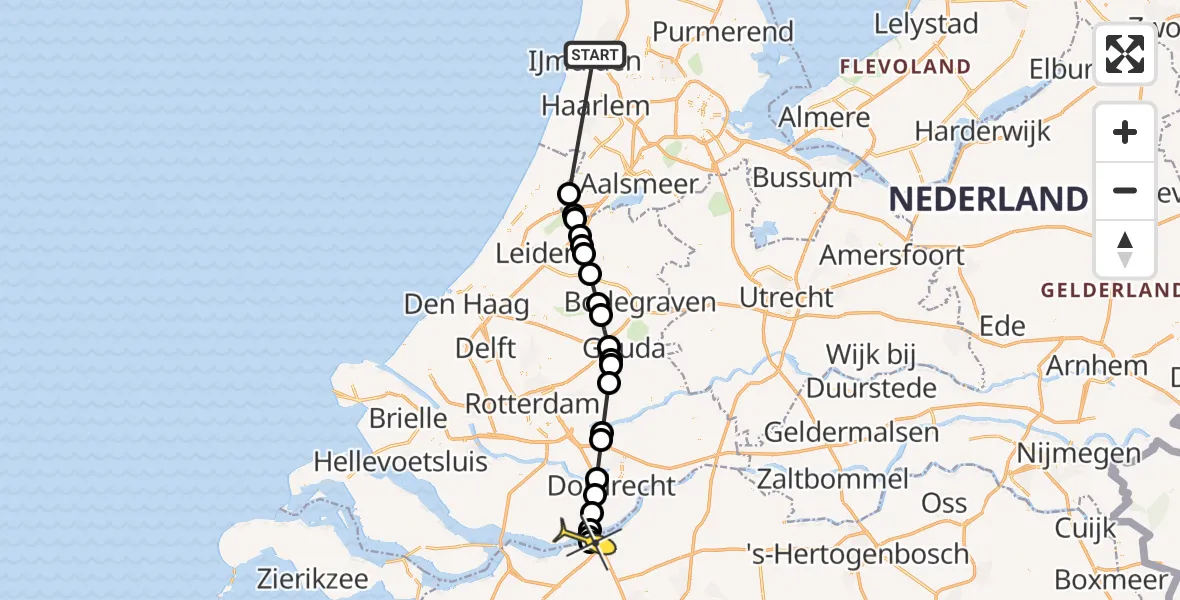 Routekaart van de vlucht: Politieheli naar Moerdijk