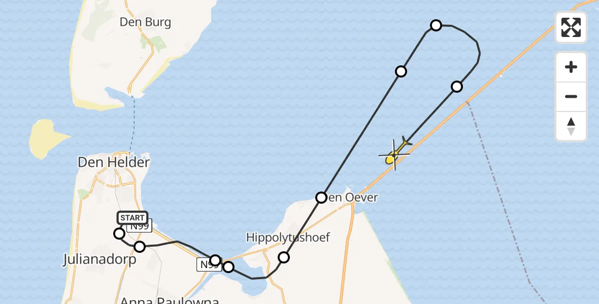 Routekaart van de vlucht: Kustwachthelikopter naar Den Oever