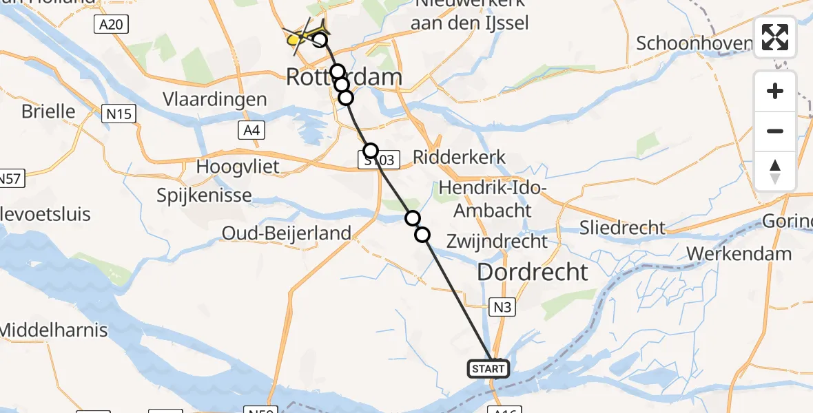 Routekaart van de vlucht: Politiehelikopter naar Rotterdam The Hague Airport