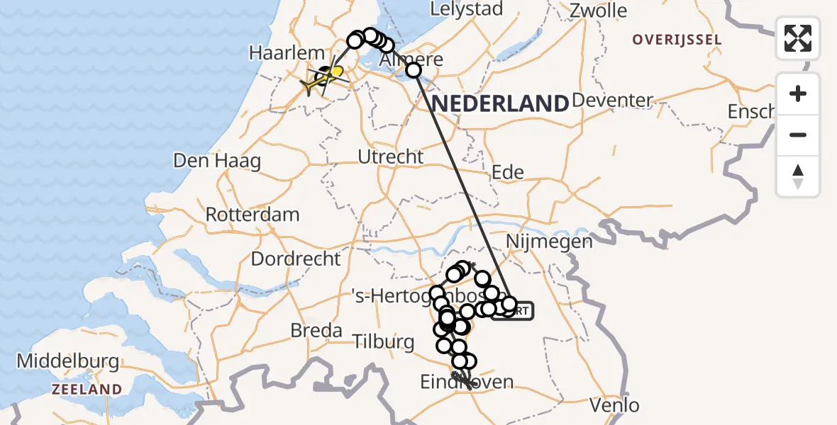 Routekaart van de vlucht: Politieheli naar Schiphol