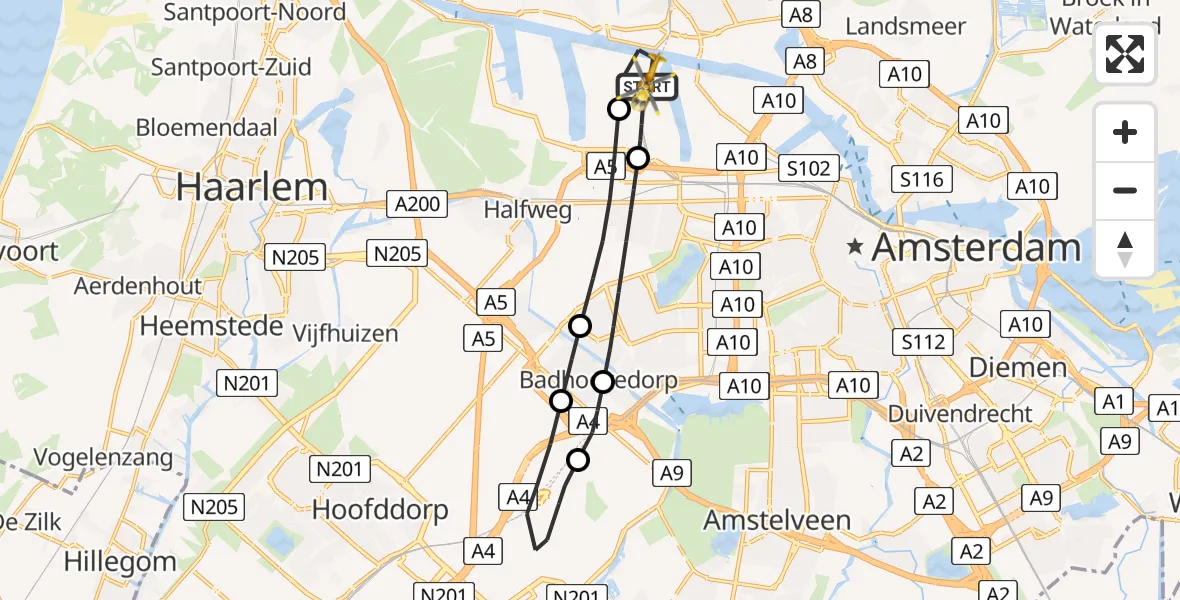 Vluchtroute Traumahelikopter Amsterdam Heliport - Amsterdam Heliport, 16 januari 2024, 20:29