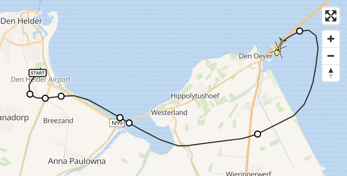 Routekaart van de vlucht: Kustwachthelikopter naar Den Oever