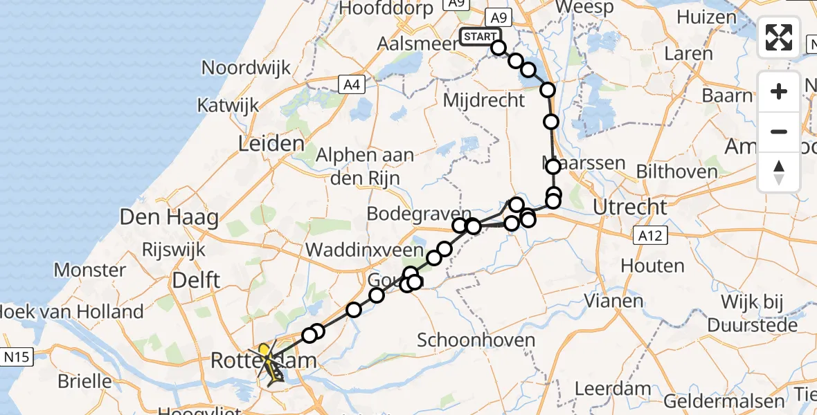 Routekaart van de vlucht: Politieheli naar Rotterdam