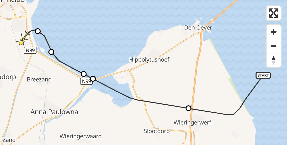 Routekaart van de vlucht: Kustwachthelikopter naar Vliegveld De Kooy