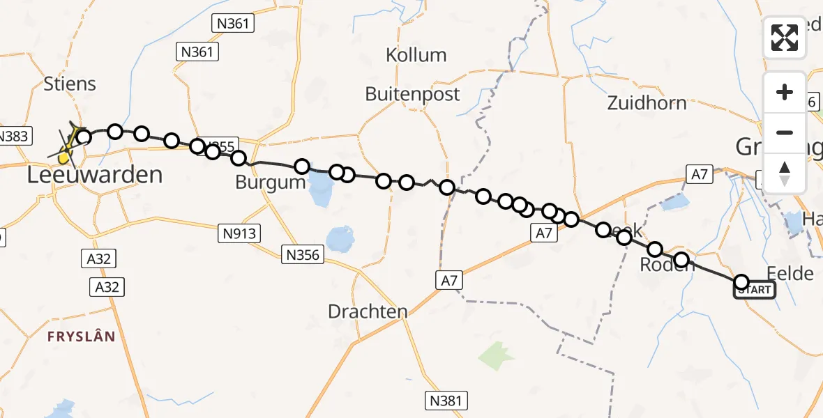 Routekaart van de vlucht: Ambulancehelikopter naar Vliegbasis Leeuwarden