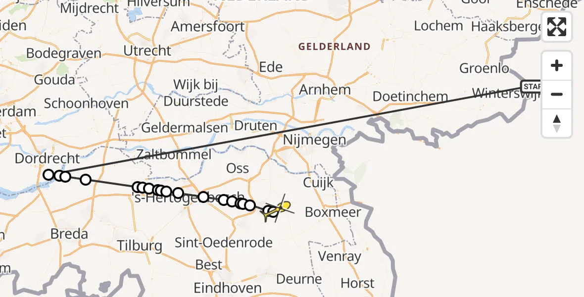 Routekaart van de vlucht: Politiehelikopter naar Vliegbasis Volkel