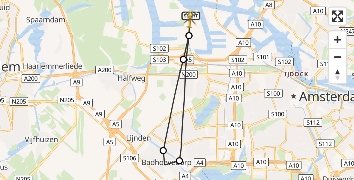 Vluchtroute Traumahelikopter Amsterdam Heliport - Amsterdam Heliport, 17 januari 2024, 17:11