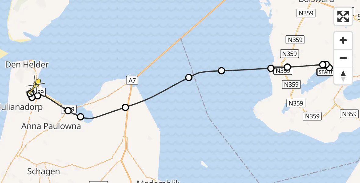 Routekaart van de vlucht: Kustwachthelikopter naar Vliegveld De Kooy