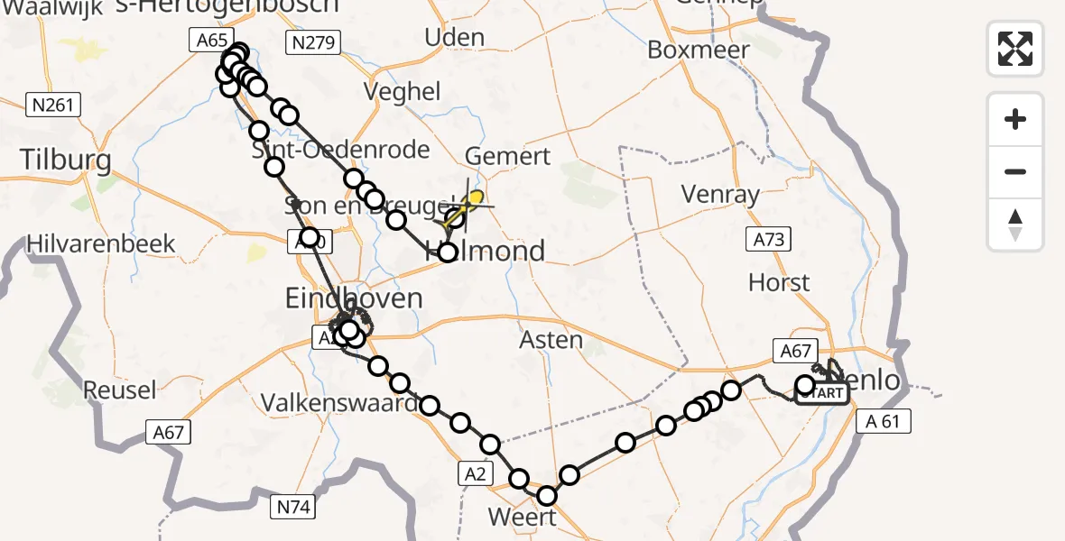 Routekaart van de vlucht: Politieheli naar Aarle-Rixtel