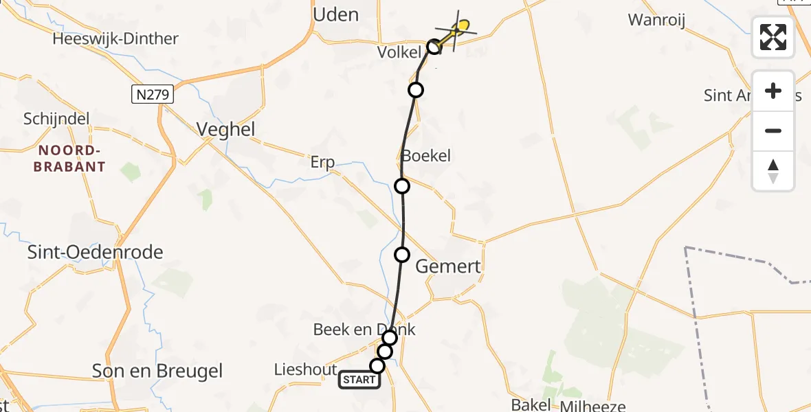 Routekaart van de vlucht: Politiehelikopter naar Vliegbasis Volkel