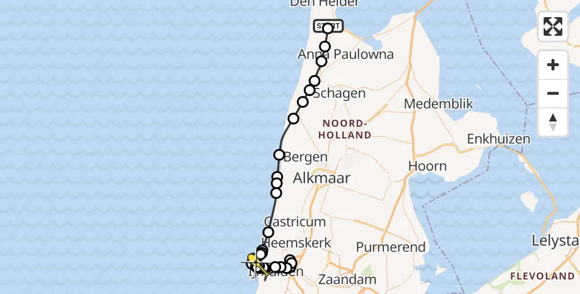 Routekaart van de vlucht: Kustwachthelikopter naar Velsen-Noord